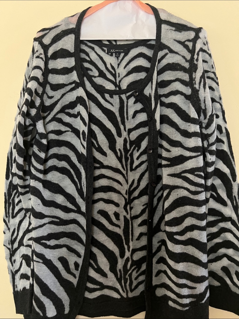 Anne Klein Black and Gray Zebra-Pattern Cardigan Sweater